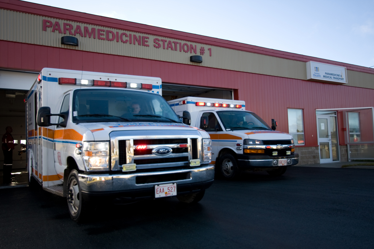 The front of two ambulances outside Paramedicine Station #1